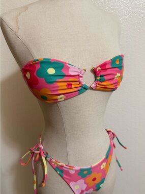 Floral Tie-Side Bandeau Bikini Set in Pink & Teal